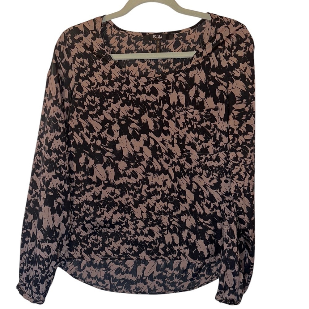 BCBG Paris Women’s Long Sleeve Black & Tan Printed Fairy Flowing Blouse - Size S